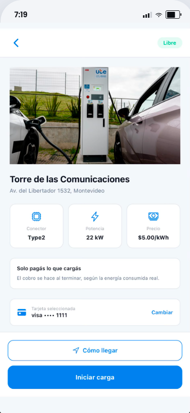Detalle de una estación en la app Carga Simple